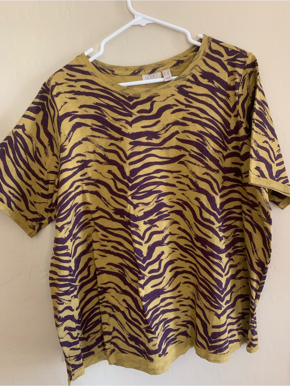 Olive Green Short Sleeve Tee with Purple Zebra Print by LOGO By Lori Goldstein